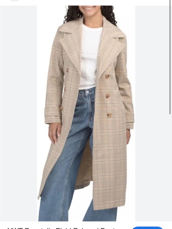 bagatelle Jackets & Blazers - Bagatelle Collection New York Beige and Blue Plaid Double-Breasted Trench Coat